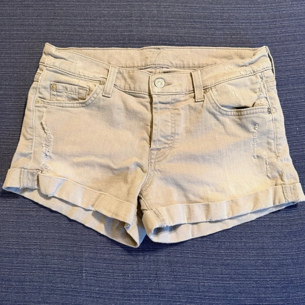7 For All Mankind Tan Distressed Denim Shorts Button Fly Low Rise Size 27 Gray